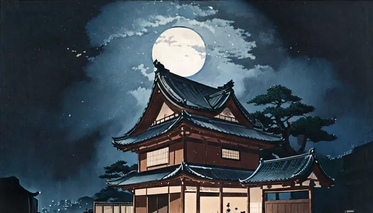 painting of a japanese house in the moonlight with a full moon, artworks inspired by kawase hasui, pixiv contest winner, ukiyo-e...