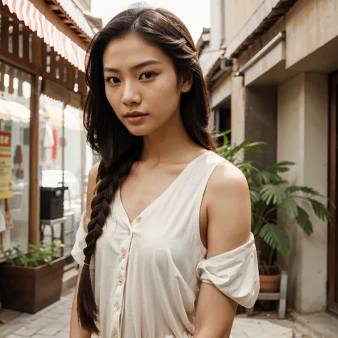 Asian Model, woman, shoulder length hair, small braid 