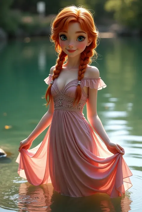 1girl, 18yo, Anna from Frozen, ginger hair, two braids, standing spread knees in a shallow lake, pissing generating ripples, splashes and reflexes in the water, smiling in love with viewer, perfectly dressed with a long flower dress, lifting up long gown r...