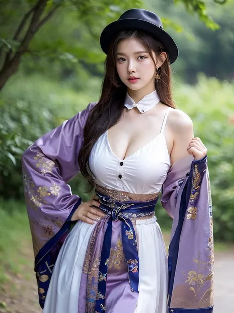 arefe woman beautiful woman with dark lilac eyes, White skin, thick lips and small eyed face ,consists of a deel, a hat, Boots and Accessories. The deel is a long-sleeved tunic, wide lapel that folds up at the chest, buttons on the right shoulder, high col...