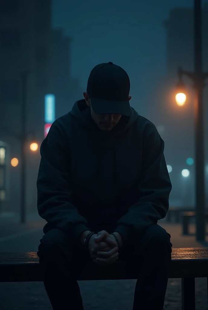 Man sitting on a bench with his head down and thinking and with his head down Realistic 4k Man from the front At night Wearing a cap