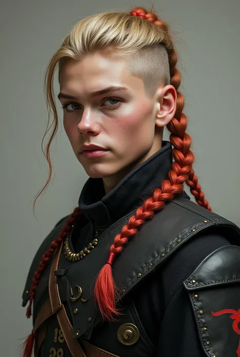 viking look, male, younger than 20 years, no beard, longer hair, blonde with shaved sides, some braided tails, small amount of hair partly colored in vibrant red, wearing modern black military uniform, portrait 