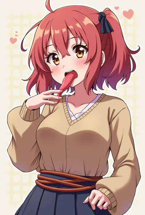 Beautiful anime girl，Sticking out her long slobbery tongue，Wrap around a boy&#39;s waist，And ready to be put into the mouth。