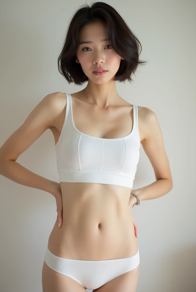 Cute Japanese 40-year-old woman、short hair、White tightＴshirt、Nipples showing through、White underwear、