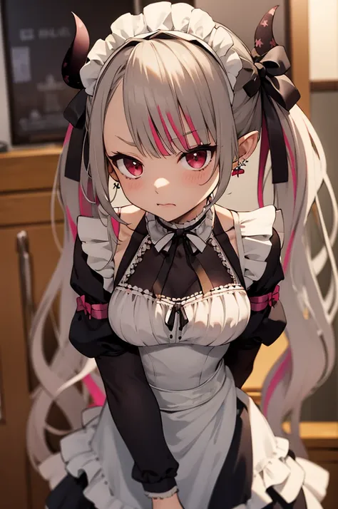 hmnab, multicolored hair, hair bow, twintails, (((maid costume))), bare shoulders, earrings, puffy sleeves,indoor,angry