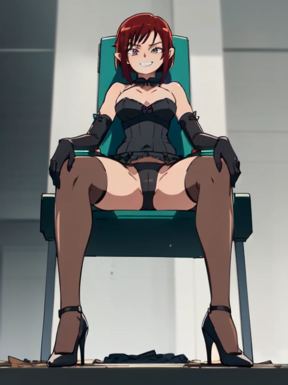 ((Highest quality)), ((masterpiece)), (detailed), prison, One girl, ((bare shoulders)), ((black bustier)), ((black stockings)), ((black g-string)), ((black high heels)), ((black garter belt)), ((black elbow gloves)), ((chair)), ((female sitting in a chair)...