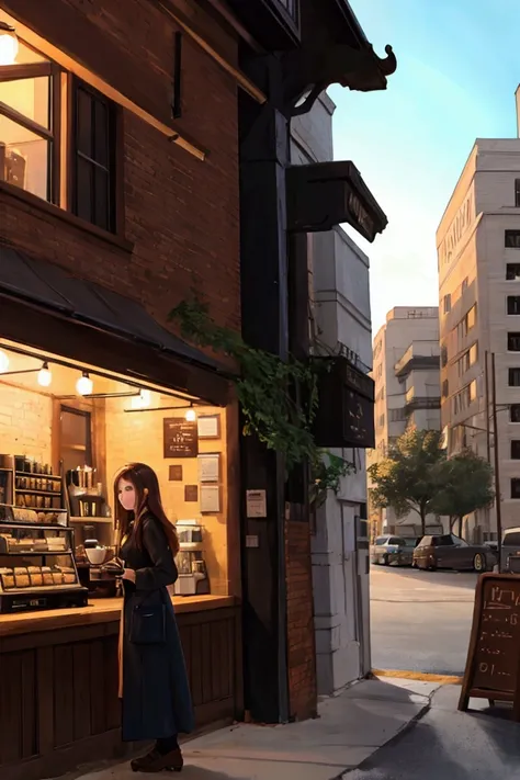 coffee shop exterior, girl inside