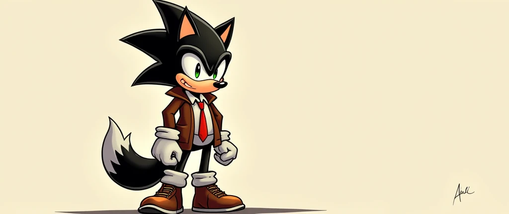 Sonic IDW Art style. Short dark-brown wolf. skin colored muzzle. Spiky hair. Brown jacket. White shirt with red tie. Pale baggy pants. Brown boots with shoe laces. Has round glasses. Green eyes.Devious but approachable look. High quality.