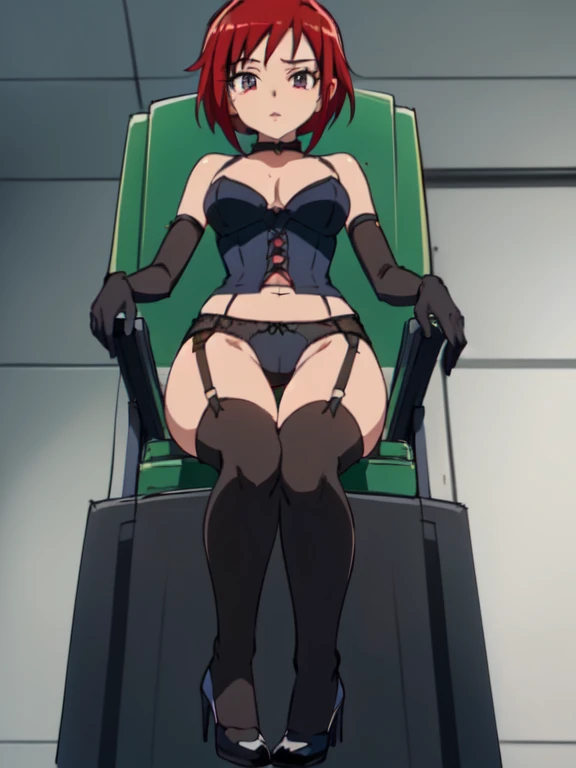 ((Highest quality)), ((masterpiece)), (detailed), prison, One girl, ((bare shoulders)), ((black bustier)), ((black stockings)), ((black g-string)), ((black high heels)), ((black garter belt)), ((black elbow gloves)), ((chair)), ((female sitting in a chair)...