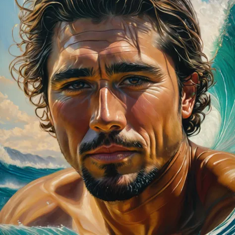 painting of a man with a very beautiful realistic and perfect face surfing a wave in the ocean, an airbrush painting by Clint Cearley, dribbling, figurative art, You were wrong, Rob Rey and Kentaro in the style of Miura, Daniel Lezama Style of painting, oi...