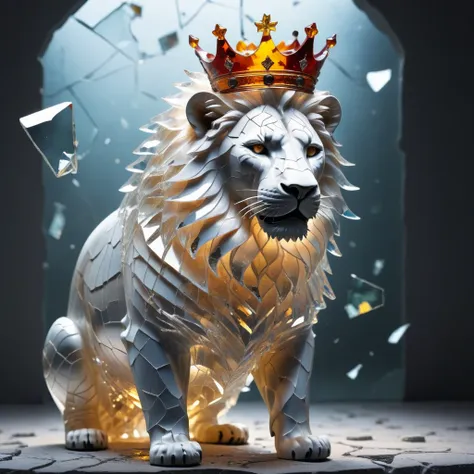 maoff_off_pieces_shattered_glass transparent sculpture,standing alone,lion,with a crown on his head, focus on a lion, glass,crac...