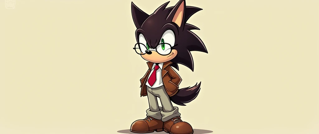 Sonic IDW Art style. Short dark-brown wolf. skin colored muzzle. Spiky hair. Brown jacket. White shirt with red tie. Pale baggy pants. Brown boots with shoe laces. Has round glasses. Green eyes.Devious but approachable look. High quality.