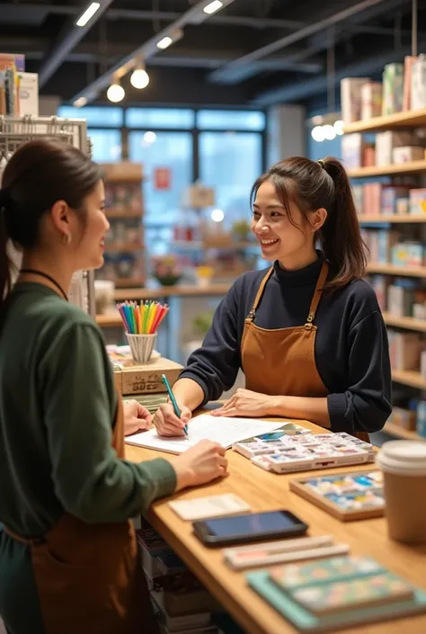 Friendly employees assisting customers in the stationery store

