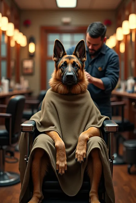 German shepherd dog with human body sitting in a barber chair with a cape and getting his hair cut


