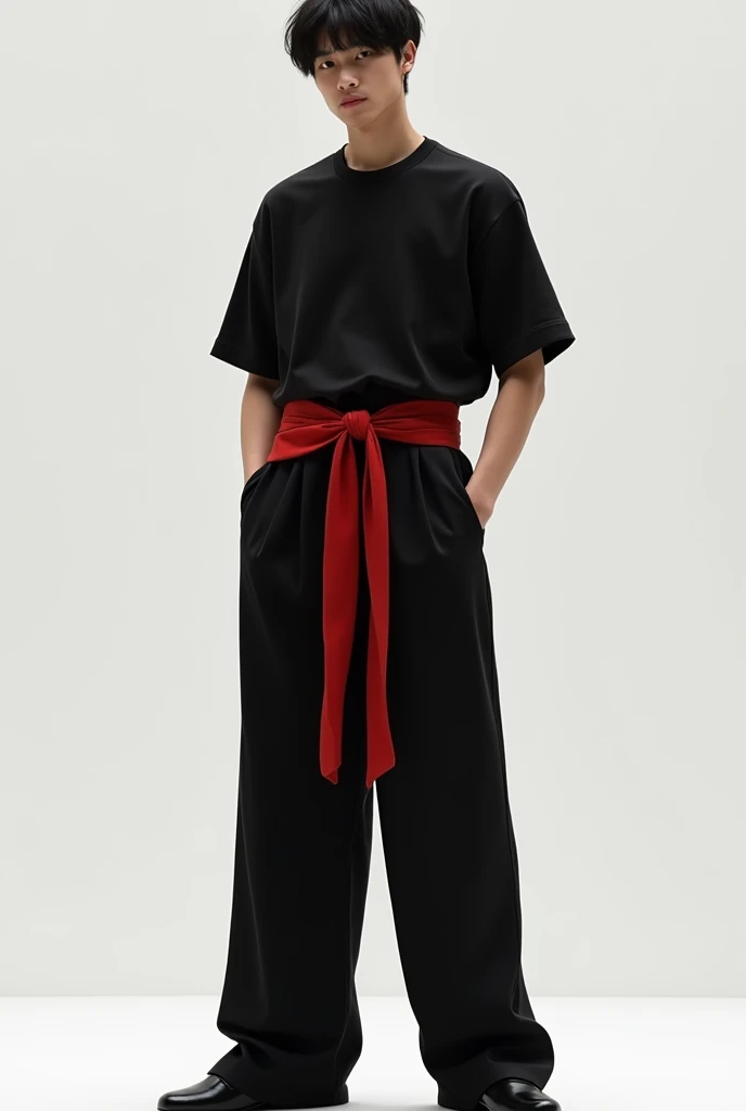 Men&#39;s suit with traditional Chinese inspiration. Which consisted of a black t-shirt and black wide-leg pants. That incorporates a red sash or belt at the waist.  keep it simple, without extra ornamental elements