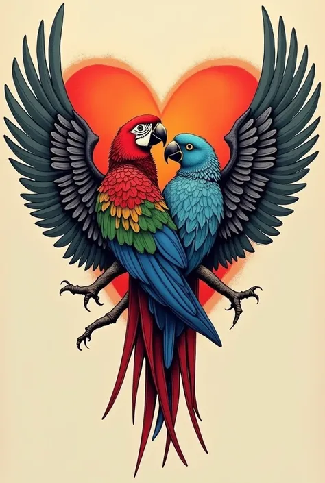 Parrot and condor back to back forming a heart with wings in tattoo style