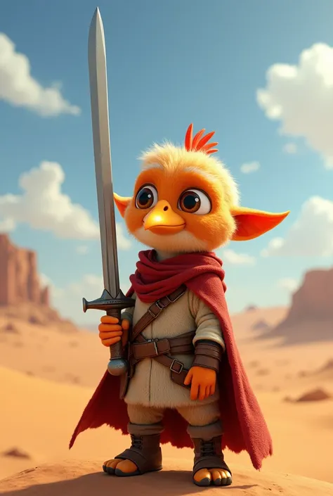 Please dress the character from the movie Chicken Little with the clothes of Lisan Al Gaib. He must have a sword, a cape and a hood. I need him in a desert looking into the horizon.