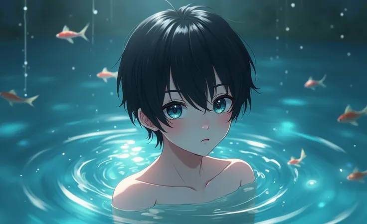 An ethereal anime semi realistic boy with black/brown hair a little pale skin, expresive eyes blue/grey or brown in the water with little japanese fishes (this is an wallpaper for a pc)