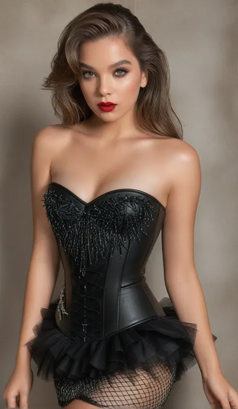 (best quality,4k,8k,highres,masterpiece:1.2),ultra-detailed,(realistic,photorealistic,photo-realistic:1.37),beautiful eyes,beautiful lips,detailed face,red lipstick,gorgeous woman, sexy black fishnet tube top, sexy black tight mini skirt,sexy long legs, se...