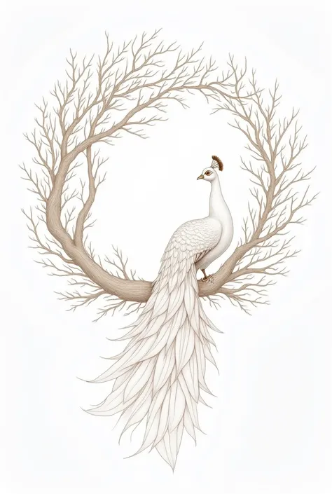 Create fine  outline of bird peacock inside of bird is white white background around outline tree around  give three images not colours