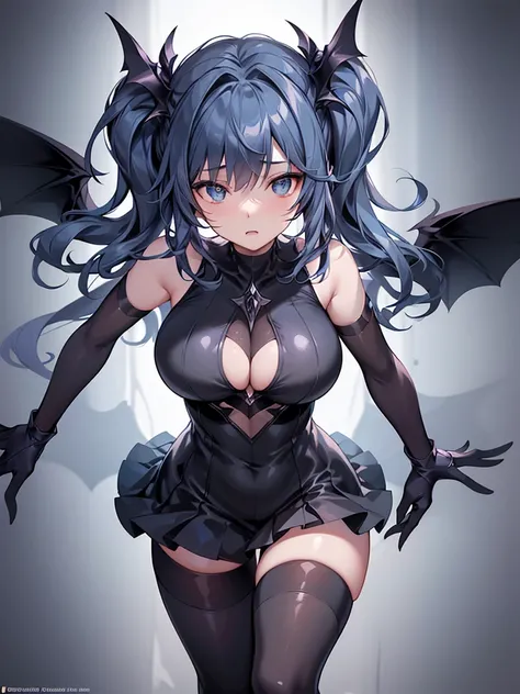 1girl, solo, breasts, large breasts, thighhighs, gloves, full body, wings, black gloves, elbow gloves, grey background, gradient, gradient background, bodysuit, colored skin, watermark, bat wings