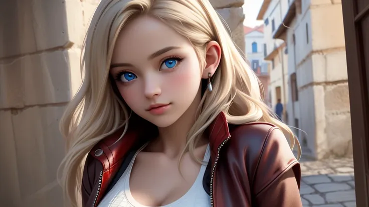 highly detailed, cinematic film still, a sexy girl, long blond hair, blue eyes, busty, white tank top, red jacket, black leather...