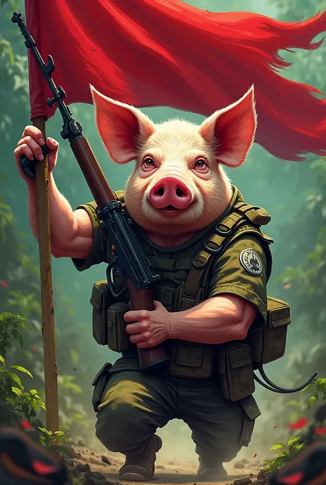 Create an illustration image of a guerrilla pig with a red flag and a rifle