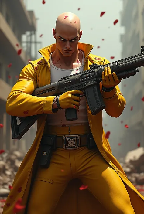 Saitama in the yellow suit full of blood 🩸 with the ak 47 evolutionary weapon of free fire 