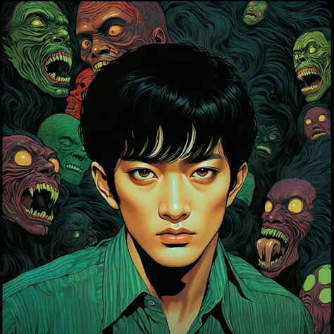 black hair male, An illustration、art、70s indonesia horror movie posters, Supervised by Junji Ito、High detail, Realistic Shadows、Analog Style, chromatic aberration, Surrealism、Complementary Gradient, nightmare