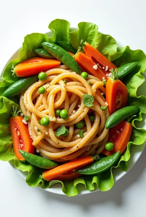 Realistic plate of green vegan legume pasta, lettuce base, carrot, tomato and peas, make it look delicious with the photo of the dish from above 