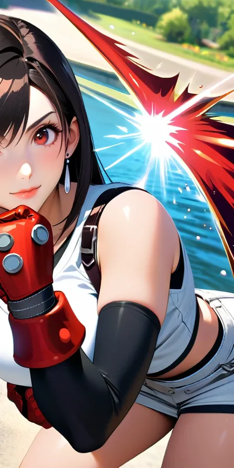 (((((tifa lockhart,Final Fantasy 7:1.5))))),((Highest quality、masterpiece、anime style、best quality、high resolution、8k、detailed、ultra-detailed:1.3))、Long legs:1.2, Beautiful woman with perfect figure:1.4、(Smiling:1.2), double eyelid、30-year-old female、((((O...