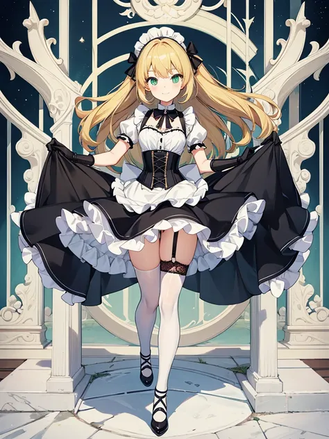 masterpiece, best quality, extremely detailed, anime, 1girl solo girl, 14 year old woman, longhair, blonde, green eyes, french maid, latex, laced corset with black lacing, white underbust, white apron, frill, mini skirt, black layered skirt, white skirt, b...