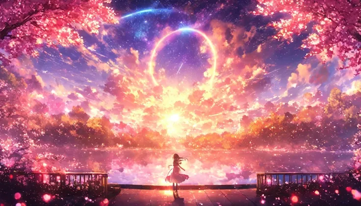 masterpiece, Concept Art, Panorama, in the center, shape, Wide Shot, garden, night, (meteor), Space galaxy background, (Great composition, Epic Scale), Dynamic Lighting, Bright colors, cherry blossoms,1 girl,Glowing light particles、heart、heart、love affair、...