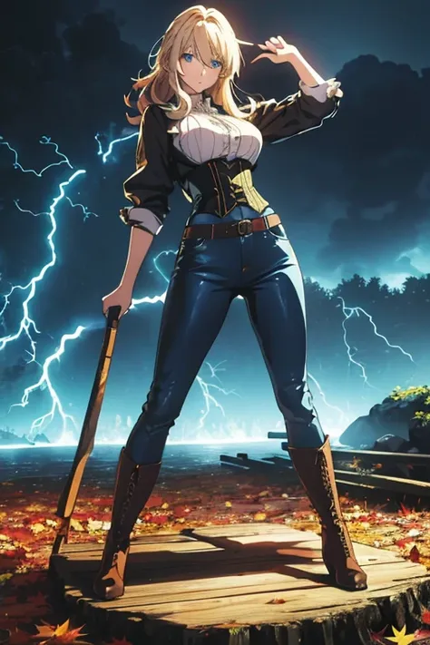 Modern anime-style digital painting of a 25-year-old female teacher in a frontal view and action pose during an autumn day, soaked by rain with dramatic lightning in the background. She is 165 cm tall, with measurements of 91-61-81 cm, and has waist-length...