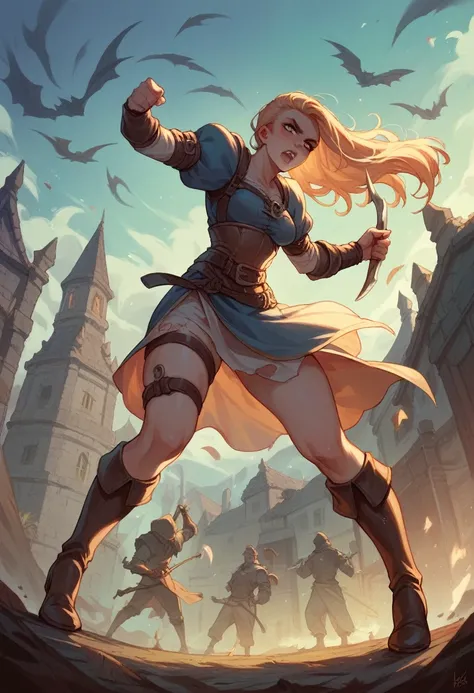 Powerful and sexy mage fighting a horde of undead creatures in high heels in a medieval-inspired apocalyptic setting.