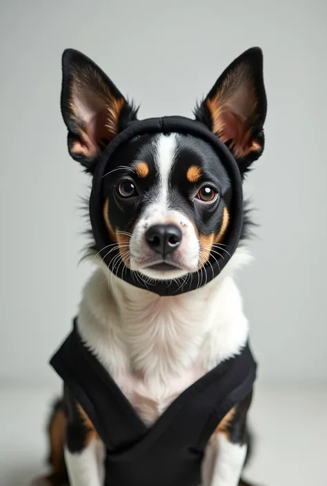 Chilean terrier breed dog in white and black French bulldog costume 