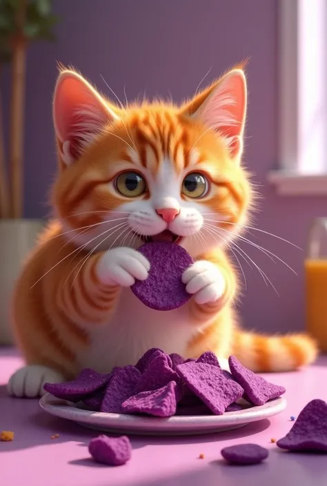 Orange cat eating purple takis 
