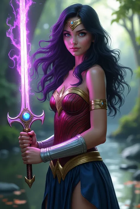 @Legion of I.a:Daughter of Batman and Wonder Woman 15 years old , DC style with black hair , purple eyes, white sword with moon shaped crystal, traje das amazonas , with purple fire over her hair , pale skin, temisera sanctuary background 8k quality