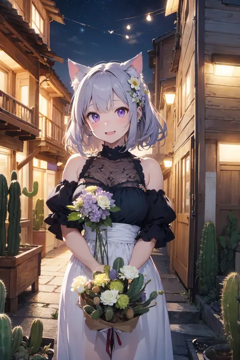 masterpiece, 
Highest quality, Very detailed, Realistic, 
Very delicate and beautiful, 
succulent garden, 
Written boundary depth, 
Professional Lighting,Many big bouquets、Gray Hair、lilac hair eyes、Laughter、、Cat ear、Long sideburns、cactus flower hair orname...