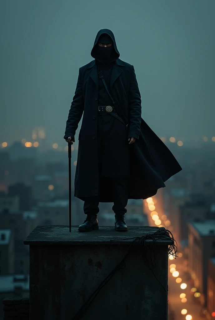 Create an image of a nocturnal vigilante, a solitary man patrolling an urban city. He stands atop an old building, with the city stretching out below, filled with lights and shadows. He wears a long black overcoat that flows discreetly in the wind. His mas...