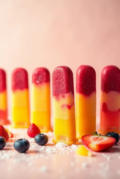 Colorful popsicles with fruits lined up in a row