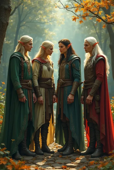 4 male elfs representing each season, dungeons and dragos, high elf, nature