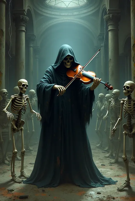 death playing the violin while dirt-stained skeletons dance in a hall 