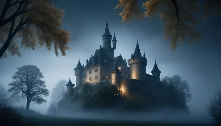 an old castle.It was a cold night, with a thick fog enveloping the trees. PICTURE REALISTIC, high resolution, 8k 