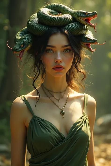 "A young woman with pale skin, with bright green eyes that seem to contain all the mystery of the world, stares with an intense expression. Your lips are a deep red, contrasting with her fair complexion. In place of hair, living snakes intertwine, forming ...