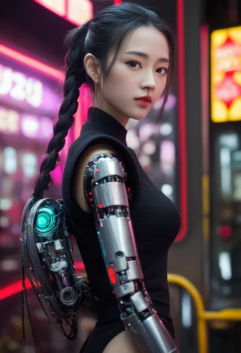 xxmixgirl. Highly detailed professional 35mm film, bokeh, face in sharp focus. A robotic female, Miku, with ((metal skin)), ((perfect Asian eyes)) with magenta irises and ((black pupils)), beautiful serious (detailed face), 18 year old ((photorealistic fac...