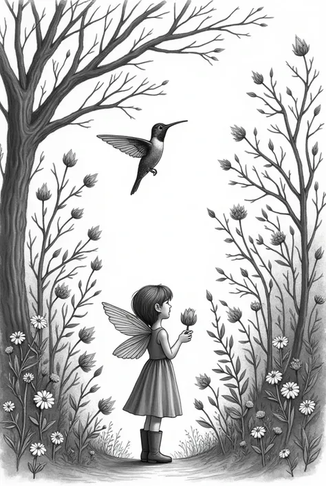 Illustration similar to this…BLACK AND WHITE 
The Fairies and Hummingbirds adored Miss Mary, the homeowner and garden 
keeper, but they also hoped their evening efforts would dissuade her from clomping 
about their special Fairy Glen and Ivy Haven in her b...