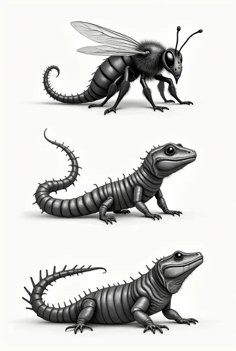 of the following concepts and from that create a character: bee, 
centipede and reptile. drawing 