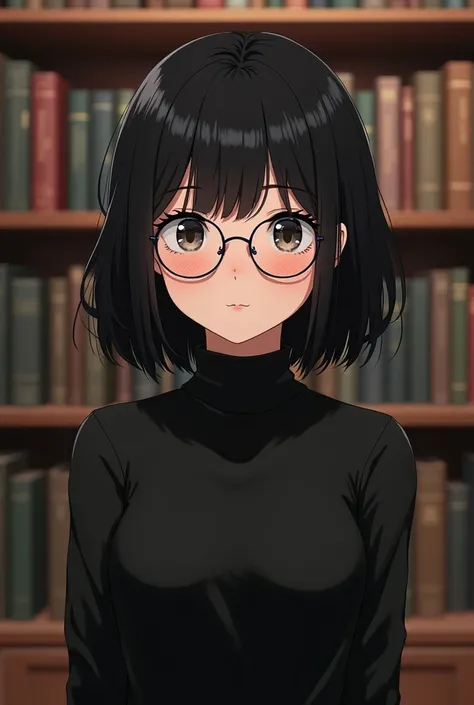 a white girl, black hair, with glasses, chubby girl, Behind her is a bookcase, She is dressed in a black shirt that covers her neck.