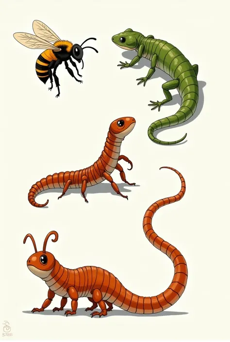 of the following concepts and from that create a character: bee, 
centipede and reptile. easy drawing 
